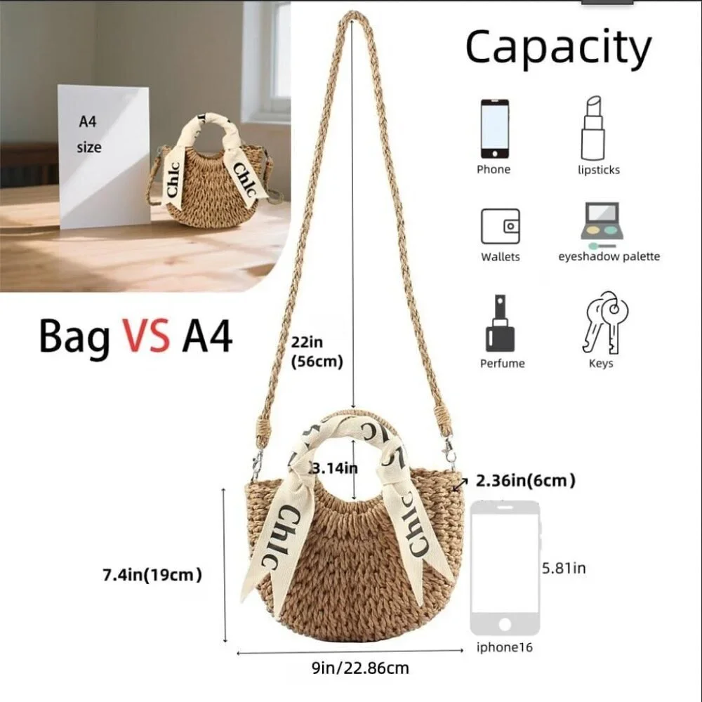 Women's Straw Shoulder Handbag Woven Tote Purse Summer Beach Bag Off White - Picture 2 of 9